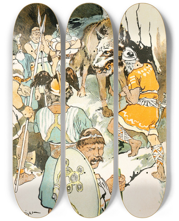Triptych art skateboard deck of George Hand Wright The Gods Were So Delighted That They Began To Laugh by George Hand Wright (1872-1951)