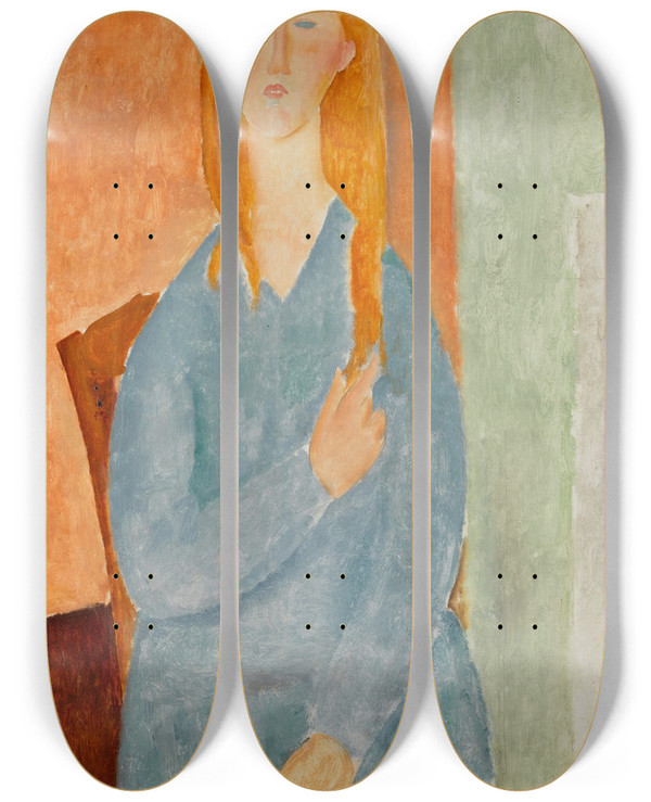 Triptych art skateboard deck of Amedeo Modigliani Jeune Fille Assise Les Cheveux Dnous Jeune Fille En Bleu by Amedeo Modigliani (1884-1920)