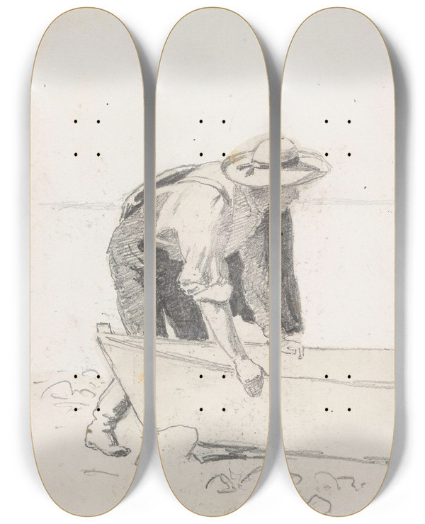Triptych art skateboard deck of Hans Gude Male Figure And Boat On The Beach by Hans Gude (1825-1903)
