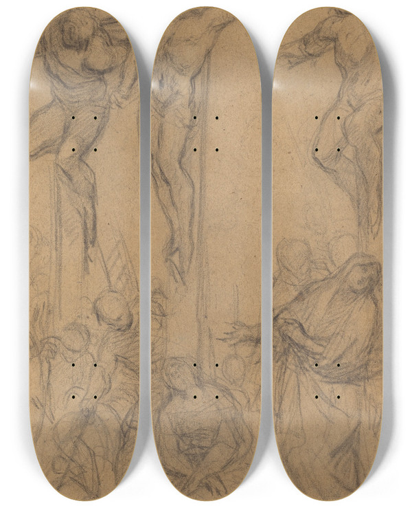 Triptych art skateboard deck of Giovanni Battista Naldini The Crucifixion by Giovanni Battista Naldini (1535-1591)