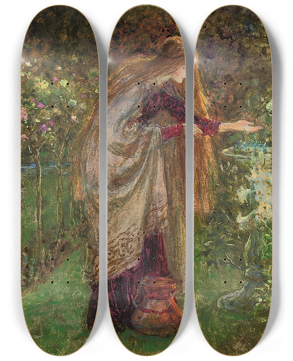 Triptych art skateboard deck of Frank Dicksee The Sensitive Plant by Frank Dicksee (1853-1928)