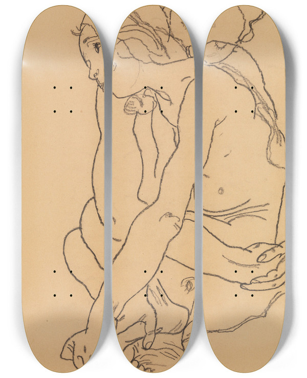Triptych art skateboard deck of Egon Schiele Woman And Girl Embracing by Egon Schiele (1890-1918)
