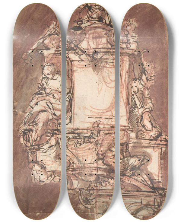 Triptych art skateboard deck of Pieter Verbruggen The Younger Design For A Sepulchral Monument_4 by Pieter Verbruggen The Younger (1648-1691)