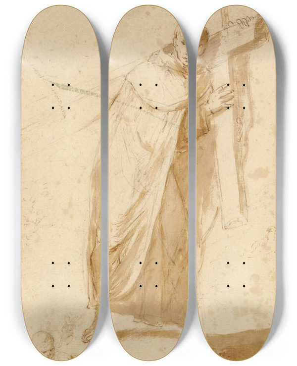 Triptych art skateboard deck of Follower Of Bartolom Esteban Murillo A Monk Carrying A Cross by Follower Of Bartolome Esteban Murillo (1617-1682)