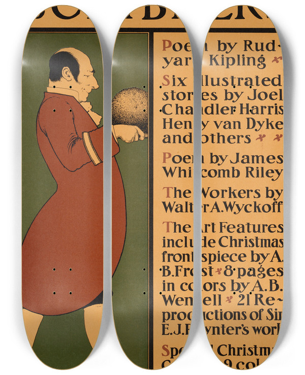 Triptych art skateboard deck of Edward Penfield The Christmas Scribners by Edward Penfield (1866-1925)