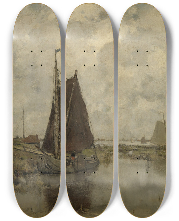 Triptych art skateboard deck of Jacob Maris Ships In Dull Weather by Jacob Maris (1837-1899)