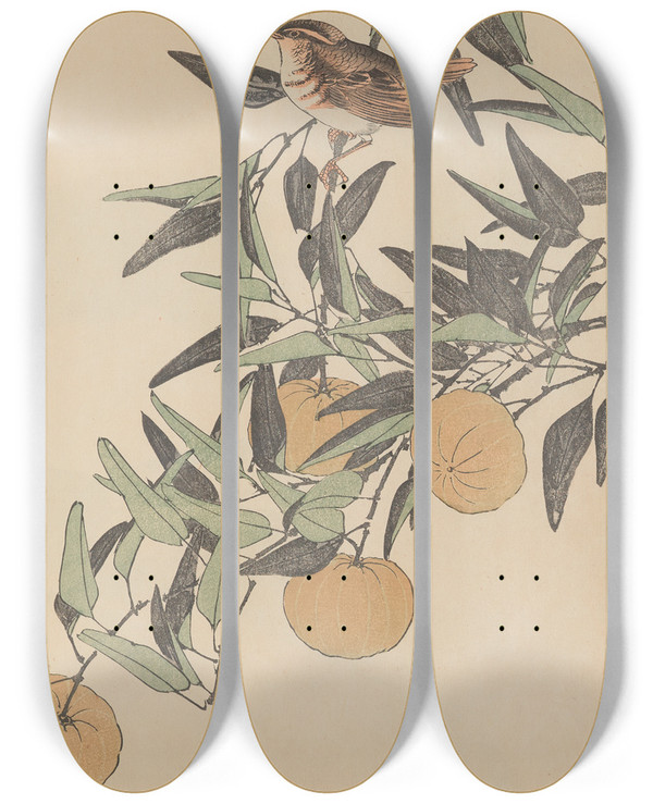 Triptych art skateboard deck of Imao Keinen Keinen Kach Gafu Pl144 by Imao Keinen (1845-1924)