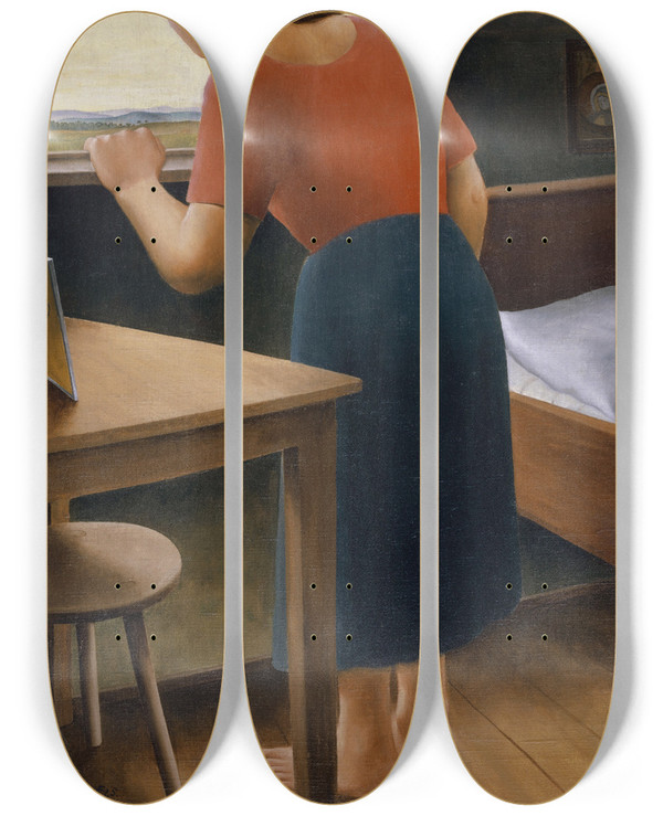 Triptych art skateboard deck of Georg Schrimpf Girl At The Window In The Morning by Georg Schrimpf (1889-1938)