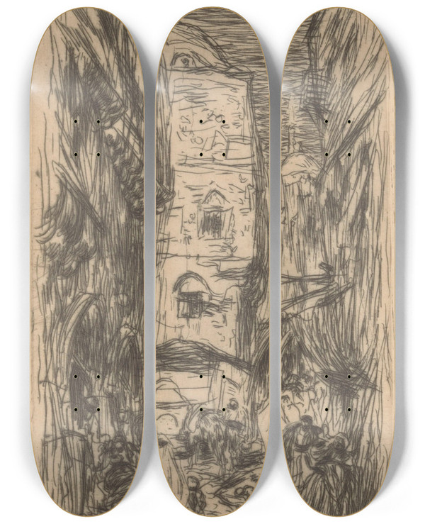 Triptych art skateboard deck of Marius Bauer Straat In Constantinopel_2 by Marius Bauer (1867-1932)