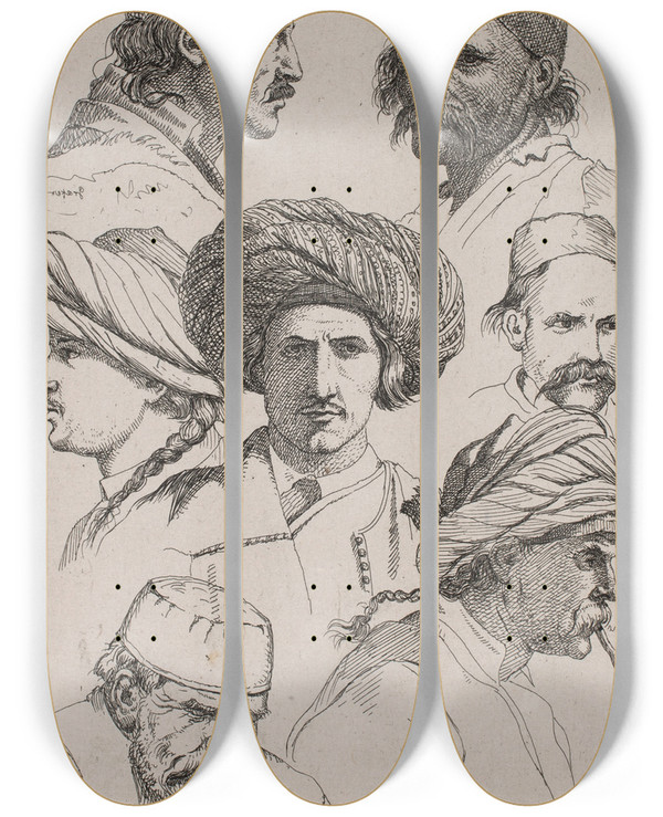 Triptych art skateboard deck of Jacob Kornerup Dalmatiske Fysiognarnier by Jacob Kornerup (1825-1913)