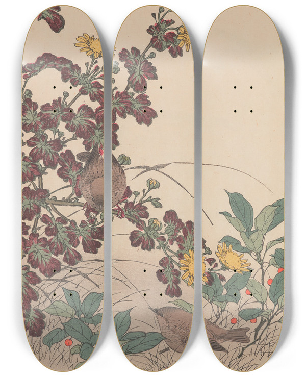 Triptych art skateboard deck of Imao Keinen Keinen Kach Gafu Pl135 by Imao Keinen (1845-1924)