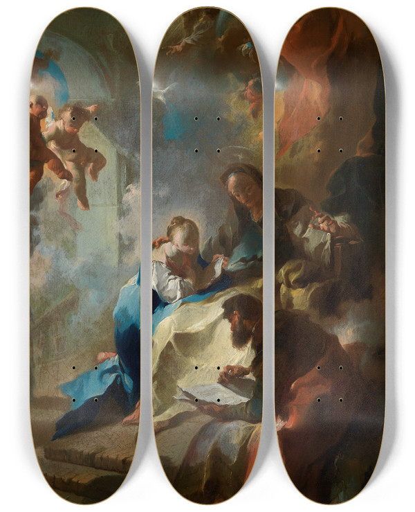 Triptych art skateboard deck of Franz Anton Maulbertsch Die Erziehung Mariens by Franz Anton Maulbertsch (1724-1796)