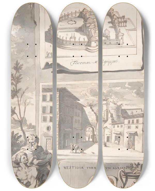 Triptych art skateboard deck of Jan Goeree A Reconstruction Of The Thermae Agrippae Above And A View Of The Ruins Below by Jan Goeree (1670-1731)