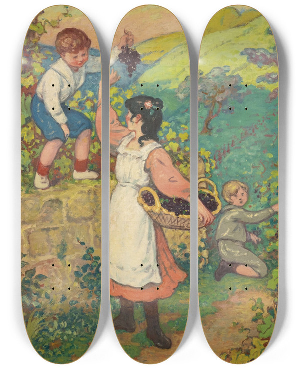 Triptych art skateboard deck of Georges Despagnat Les Vendanges by Georges d'Espagnat (1870-1950)