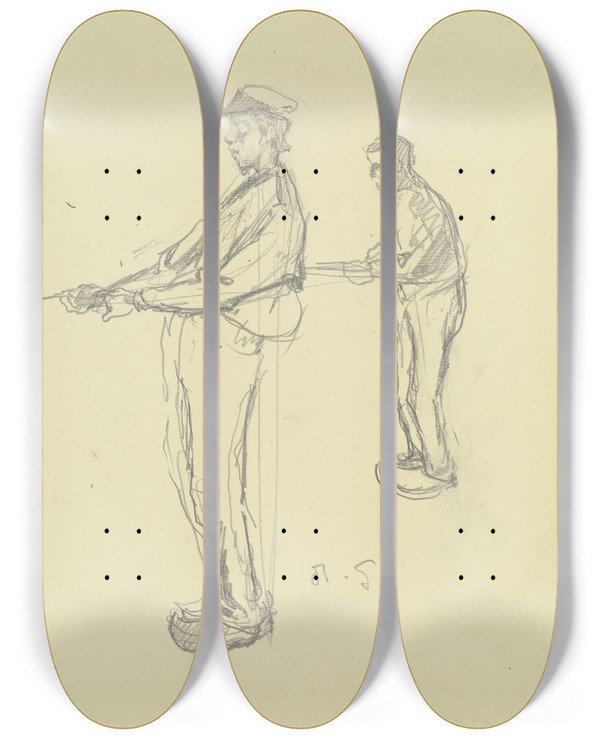 Triptych art skateboard deck of Rudolf Gudden Arbeiter Aus Der Groen Spinnerei Von Edam_4 by Rudolf Gudden (1863-1935)