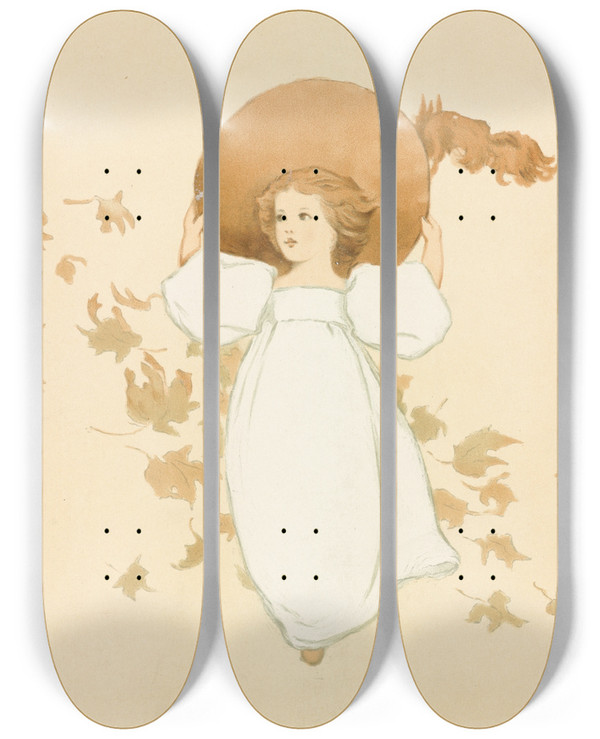 Triptych art skateboard deck of Louis Prang Little Girl With Leaves by Louis Prang (1824-1909)