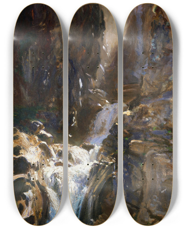 Triptych art skateboard deck of John Singer Sargent A Waterfall by John Singer Sargent (1856-1925)