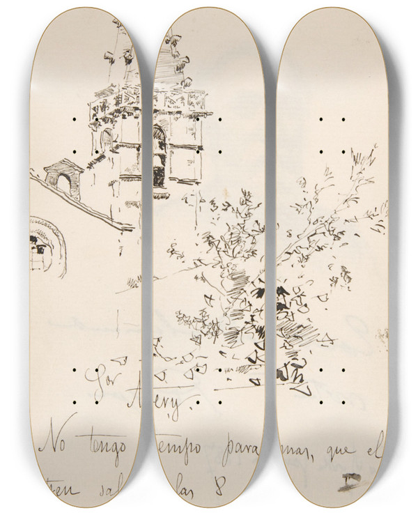 Triptych art skateboard deck of Martin Rico Y Ortega Church Tower With Inscription In Spanish To Avery by Martin Rico Y Ortega (1833-1908)