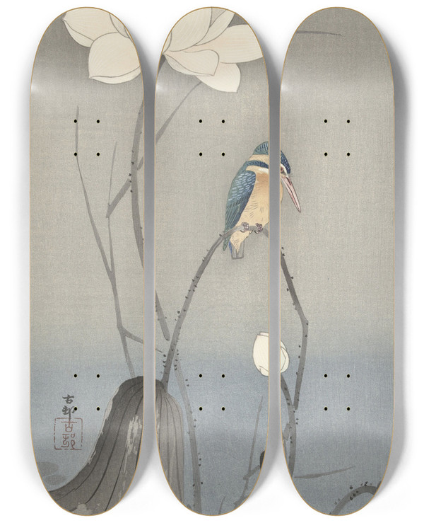 Triptych art skateboard deck of Ohara Koson Kingfisher With Lotus Flower by Ohara Koson (1877-1945)