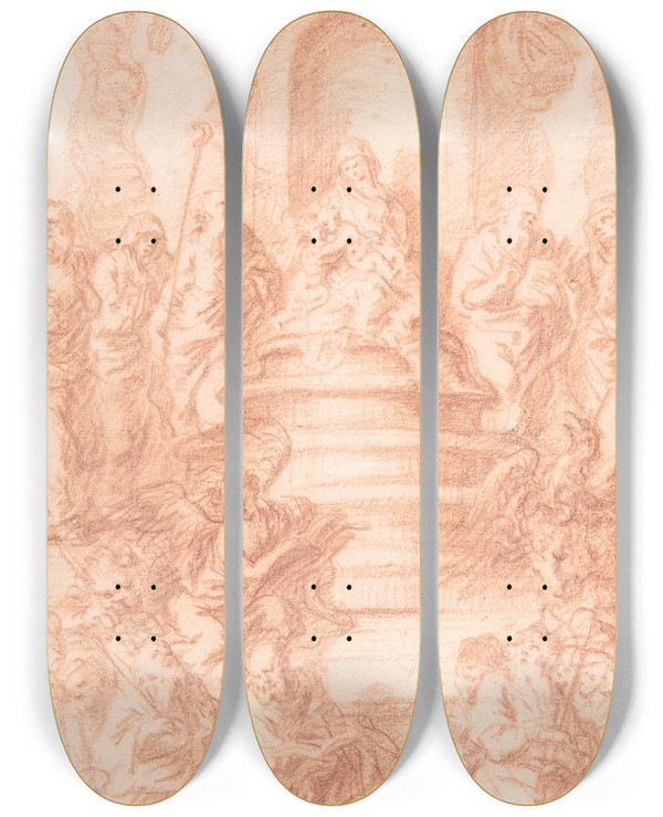 Triptych art skateboard deck of Joachim Von Sandrart The Holy Kinship Madonna And Child And St John With Prophets And Symbols Of The Four Evangelists by Joachim Von Sandrart (1609-1688)