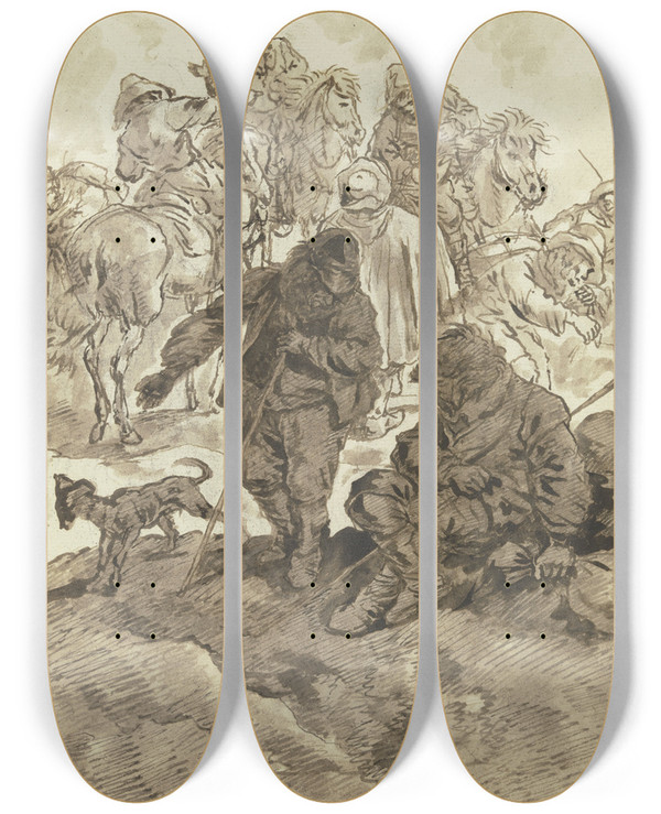 Triptych art skateboard deck of Johann Albrecht Dietzsch Zug Von Reitern Und Fugngern by Johann Albrecht Dietzsch (1720-1782)