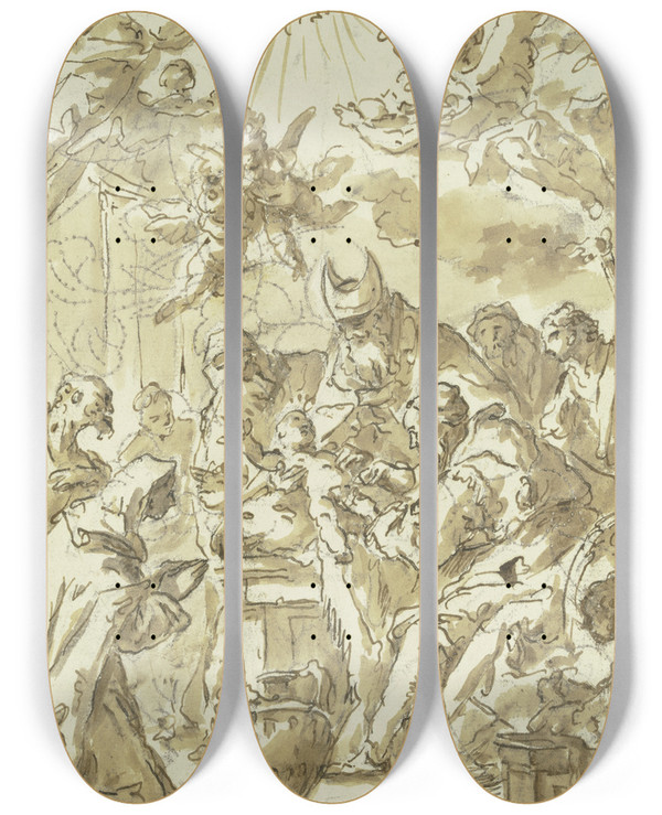 Triptych art skateboard deck of Gaspare Diziani Circumcision Of Christ by Gaspare Diziani (1689-1767)