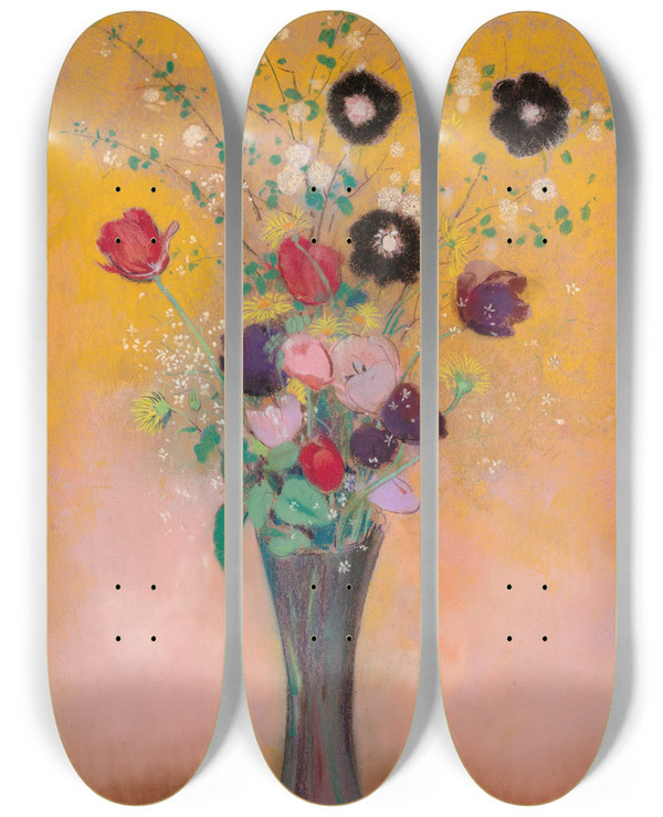 Triptych art skateboard deck of Odilon Redon Vase Of Flowers_2 by Odilon Redon (1840-1916)