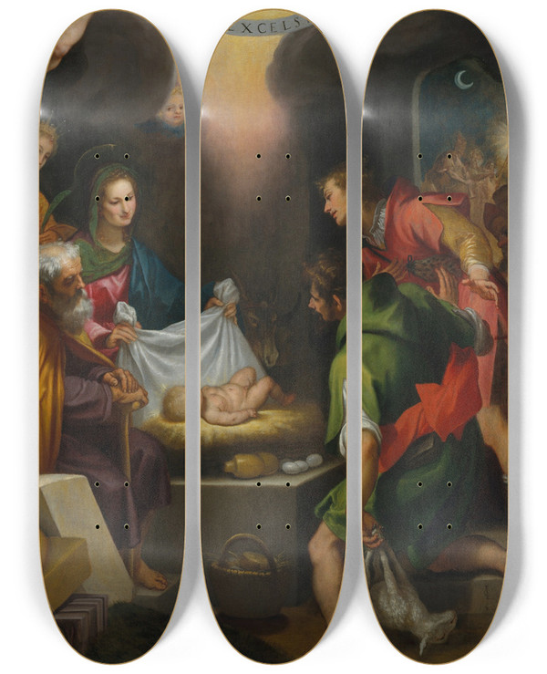 Triptych art skateboard deck of Cigoli Ludovico Cardi The Adoration Of The Shepherds With Saint Catherine Of Alexandria by Cigoli (Ludovico Cardi) (1559-1613)