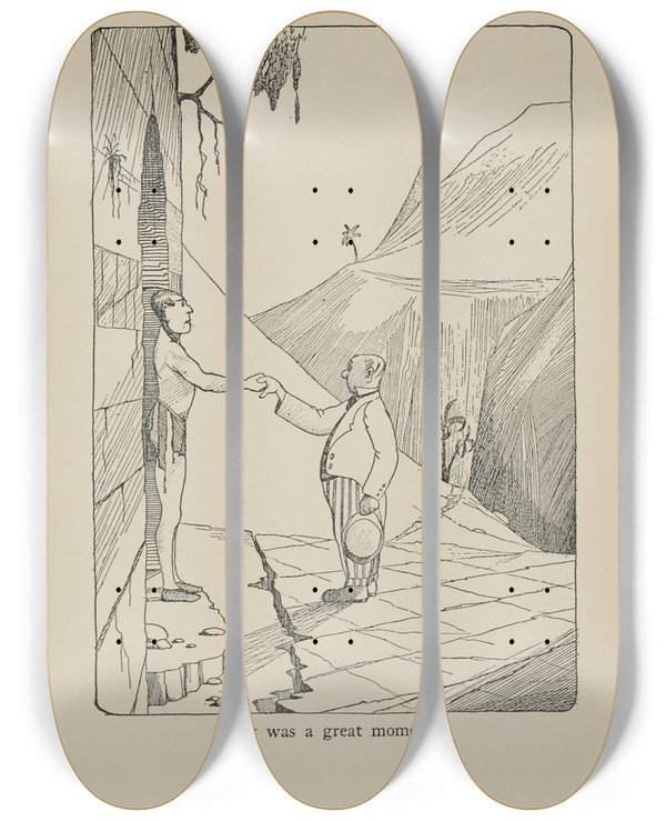 Triptych art skateboard deck of Hugh Lofting It Was A Great Moment by Hugh Lofting (1886-1947)