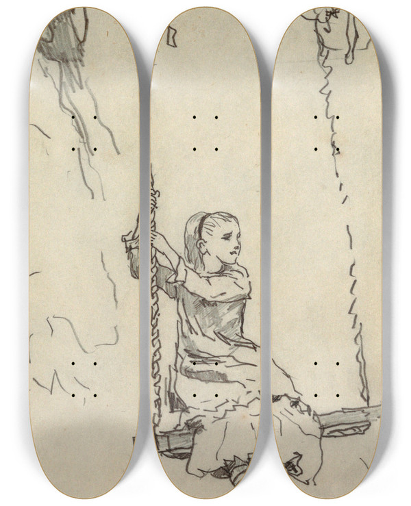 Triptych art skateboard deck of Winslow Homer Girl On A Swing_1 by Winslow Homer (1836-1910)