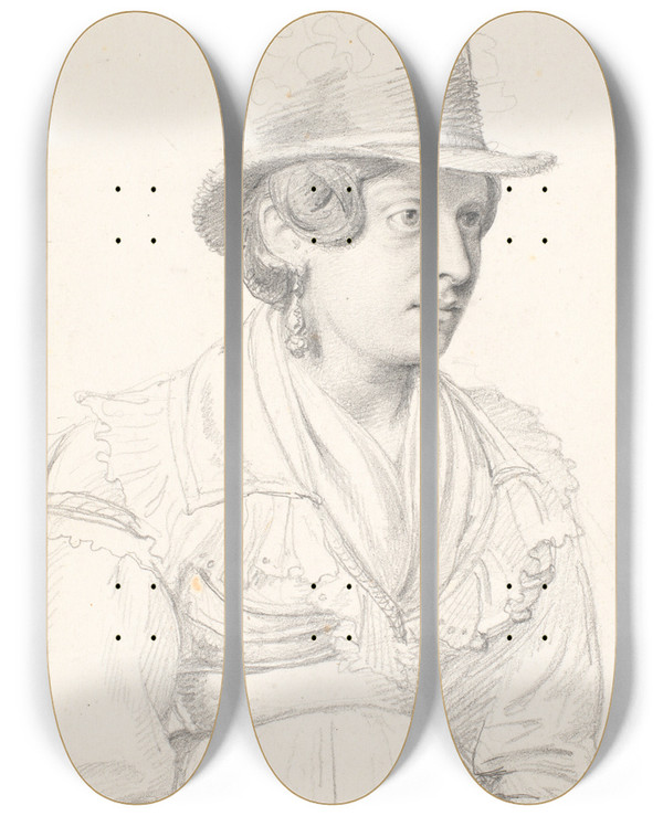 Triptych art skateboard deck of Wilhelm Marstrand Italienerinde Med Hj Hat by Wilhelm Marstrand (1810-1873)