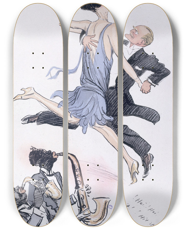 Triptych art skateboard deck of Georges Goursat Sem Hei Hei Do It Hit It Couple Dansant Au Son De Deux Saxos by Georges Goursat (Sem) (1863-1934)