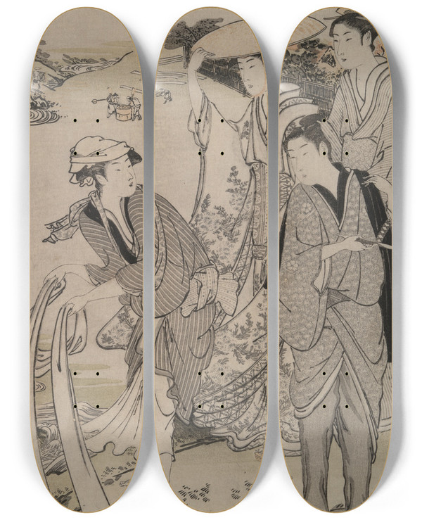 Triptych art skateboard deck of Kubo Shunman Province Of Musashi Six Tamarivers by Kubo Shunman (1757-1820)