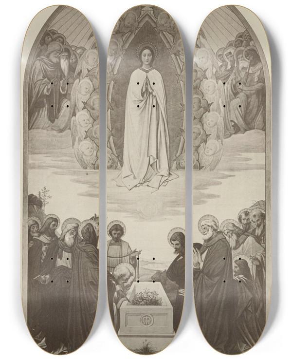 Triptych art skateboard deck of Eduard Von Steinle Himmelfahrt Mariae by Eduard Von Steinle (1810-1886)