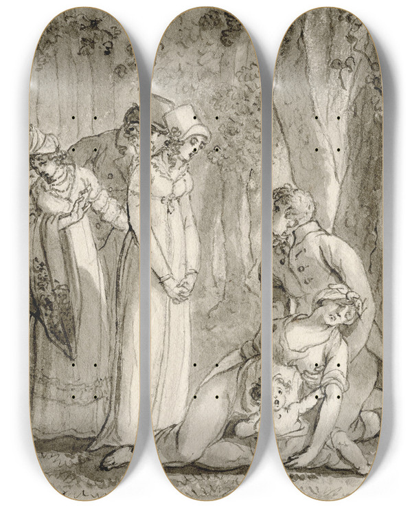 Triptych art skateboard deck of Reinier Vinkeles Gezelschap Vindt Bezwijmde Vrouw Met Kind Zorg Gij by Reinier Vinkeles (1741-1816)