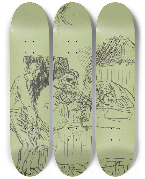 Triptych art skateboard deck of Victor Mller Alter Mann Mit Seinen Hnde Vor Ihm Auf Dem Tisch Liegende Geldmnzen Schirmend Die Gierigen Blicke Zweier Ihn Umgebender Mnner Abwehrend by Victor Muller (1829-1871)
