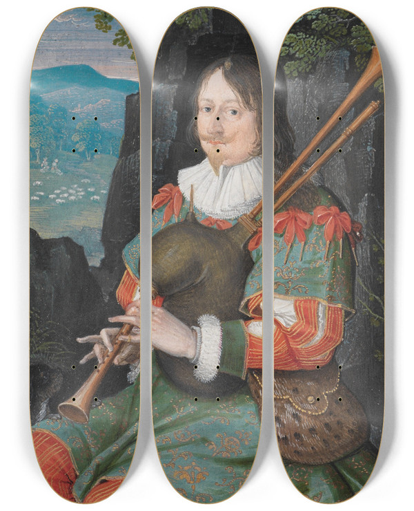 Triptych art skateboard deck of Friedrich Brentel Bildnis Georg Friedrich Herr Zu Rappoltstein Als Dudelsackpfeifer Pfeiferknig by Friedrich Brentel (1580-1651)