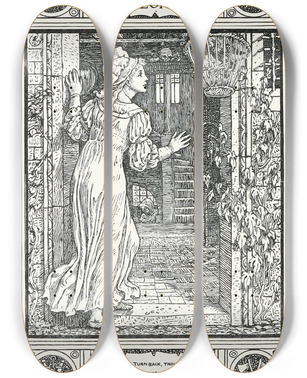 Triptych art skateboard deck of Walter Crane The Robber Bridegroom by Walter Crane (1845-1915)