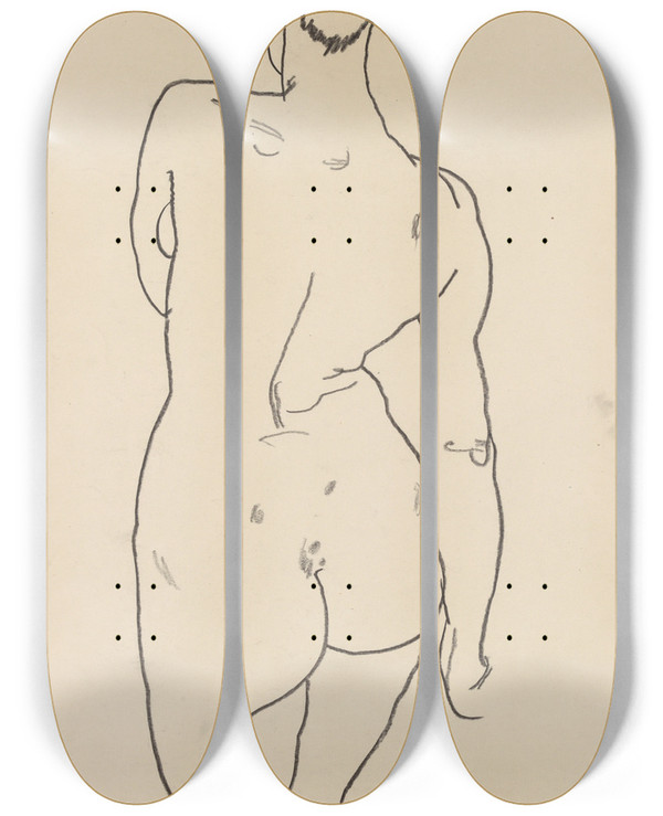 Triptych art skateboard deck of Egon Schiele Weiblicher Rckenakt by Egon Schiele (1890-1918)