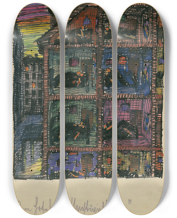 Triptych art skateboard deck of Karl Wiener Im Hotel Zur Nachtigall by Karl Wiener (1901-1949)