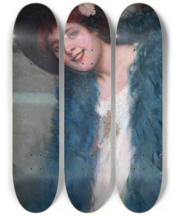 Triptych art skateboard deck of Josep Maria Tamburini I Dalmau Parisian Woman by Josep Maria Tamburini I Dalmau (1856-1932)