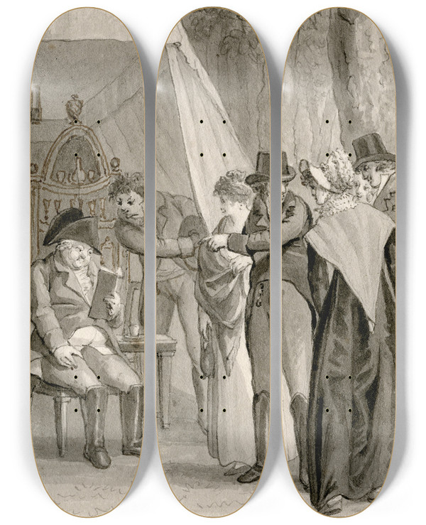 Triptych art skateboard deck of Reinier Vinkeles Gezelschap Bekijkt Oude Heer Bij Tent Hij Vond by Reinier Vinkeles (1741-1816)