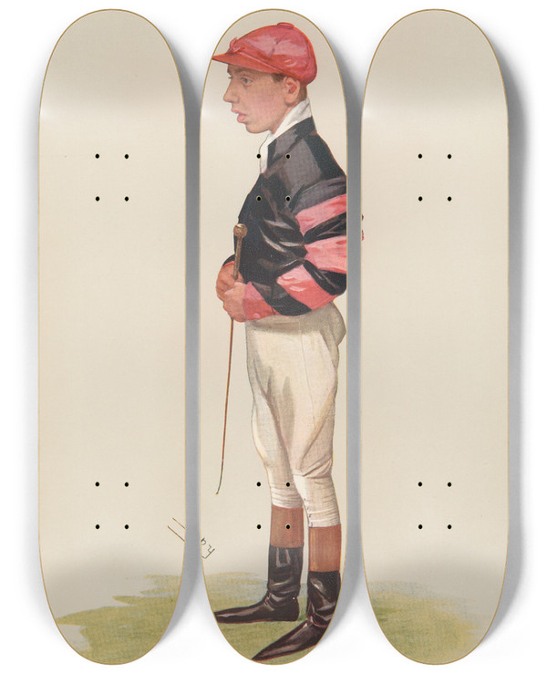 Triptych art skateboard deck of Leslie Matthew Ward Jockeys A Rising Star W Templeman Arthur Templeman November 7 1906 by Leslie Matthew Ward (1851-1922)