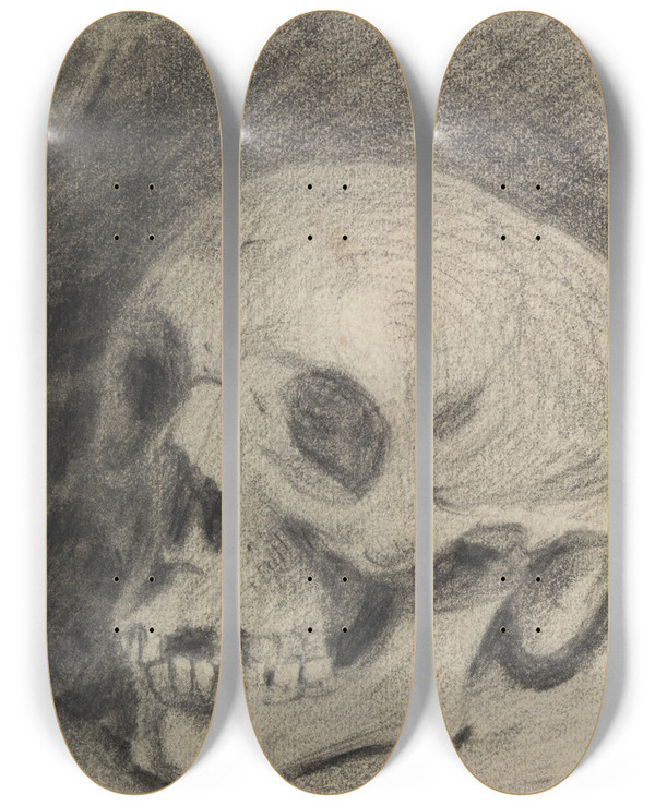 Triptych art skateboard deck of Benjamin Robert Haydon Study Of A Skull by Benjamin Robert Haydon (1786-1846)