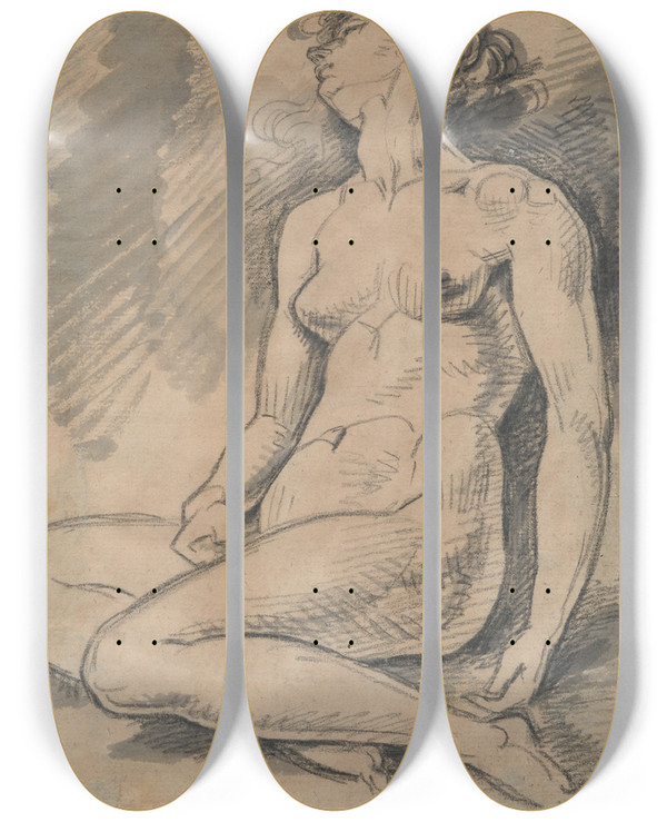 Triptych art skateboard deck of David Humbert De Superville Zittend Vrouwelijk Naakt Hoofd Achterover De Ogen Toe_2 by David Humbert De Superville (1770-1849)