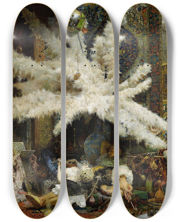 Triptych art skateboard deck of Jos Villegas Cordero Spanish Siesta by Jose Villegas Cordero (1848-1921)