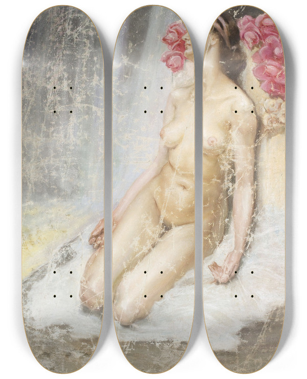 Triptych art skateboard deck of Kazimierz Stabrowski Nude by Kazimierz Stabrowski (1869-1929)