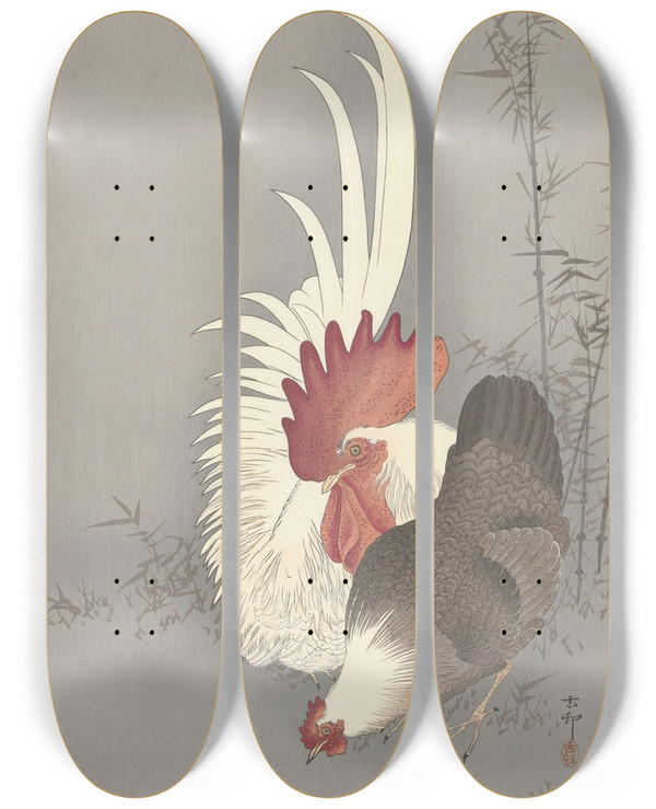 Triptych art skateboard deck of Ohara Koson Rooster And Chicken by Ohara Koson (1877-1945)