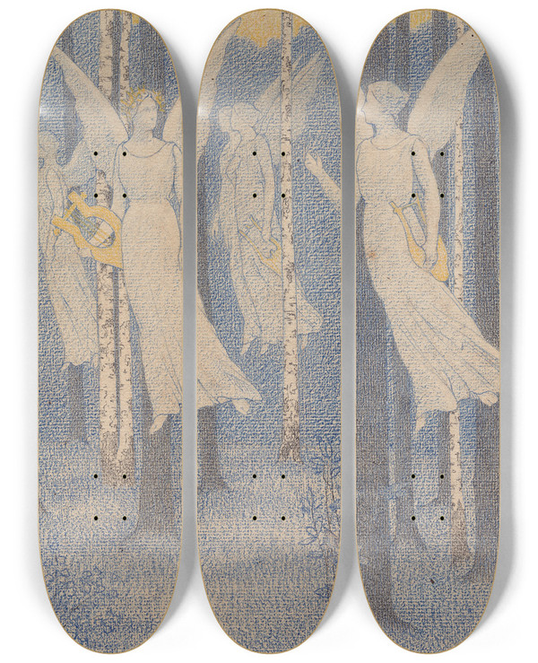 Triptych art skateboard deck of Alexandre Son Study For In The Woods Evening by Alexandre Seon (1855-1917)