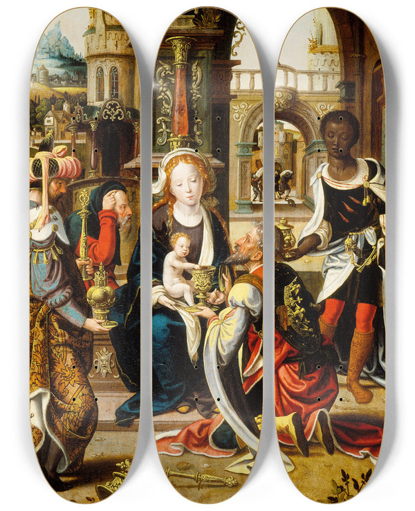 Triptych art skateboard deck of Workshop Of Pieter Coecke Van Aelst The Adoration Of The Magi by Workshop of Pieter Coecke van Aelst (1502-1550)